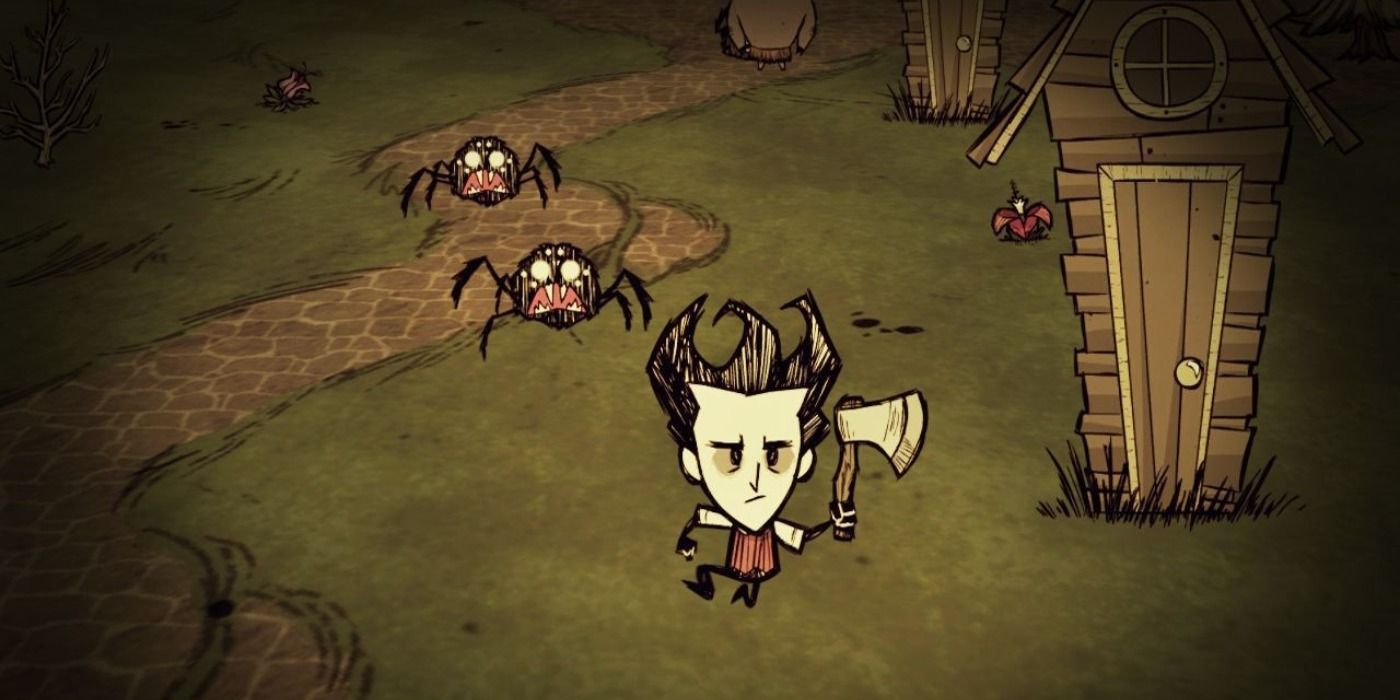 image of player character running from spiders with an axe from Don't Starve