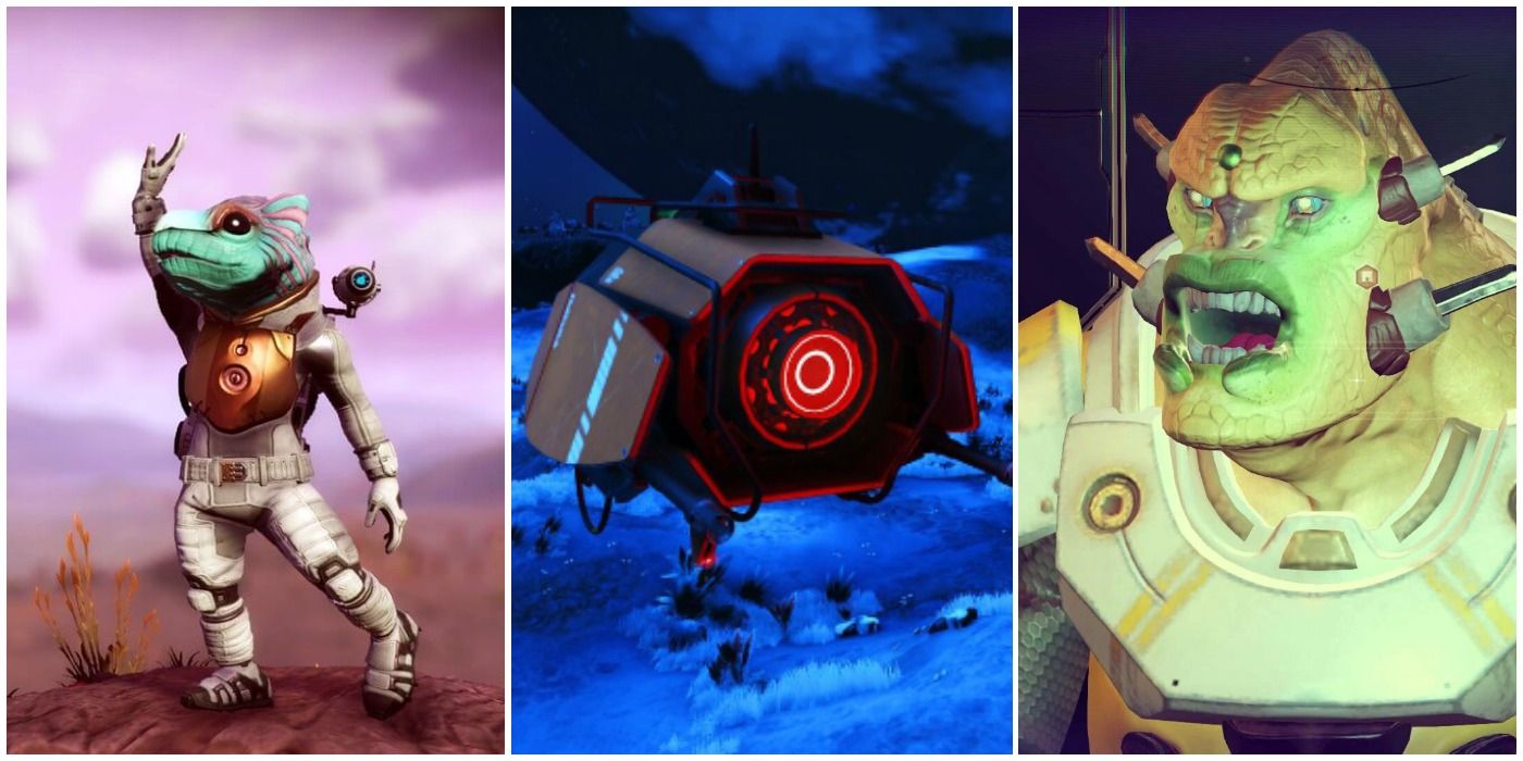 images of a Gek, Sentinel, and Vy'Keen from No Man's Sky