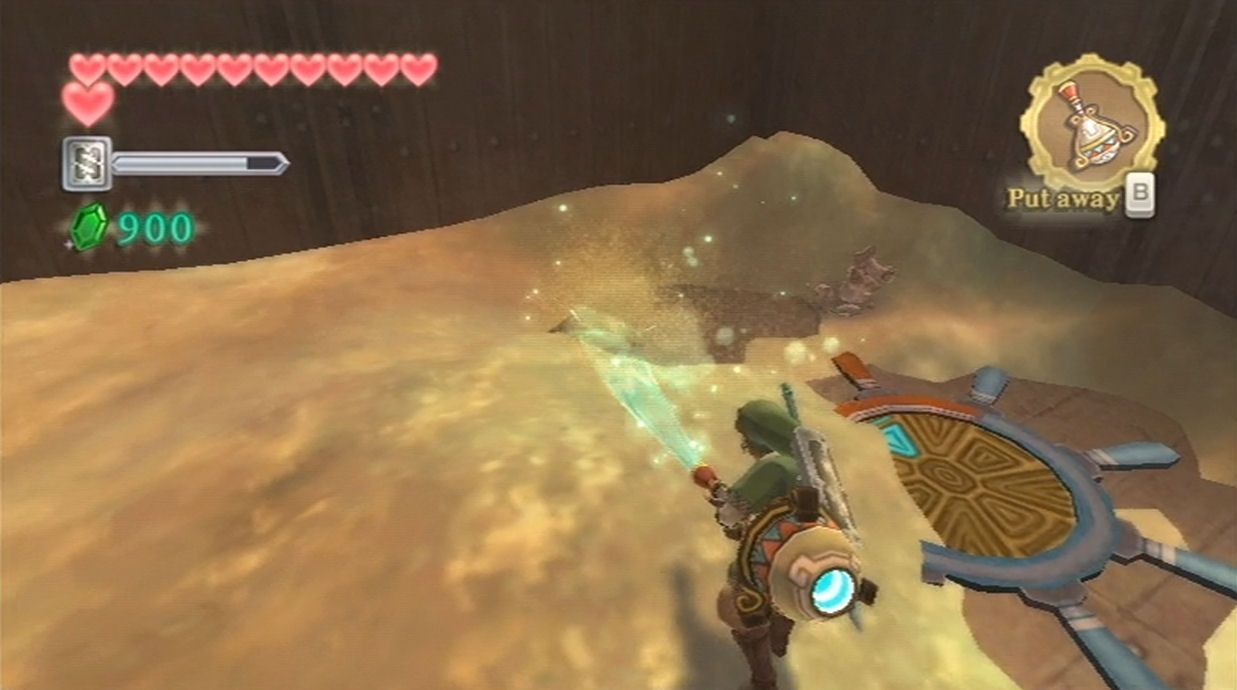 skyward sword link using gust bellows to clear dirt in house