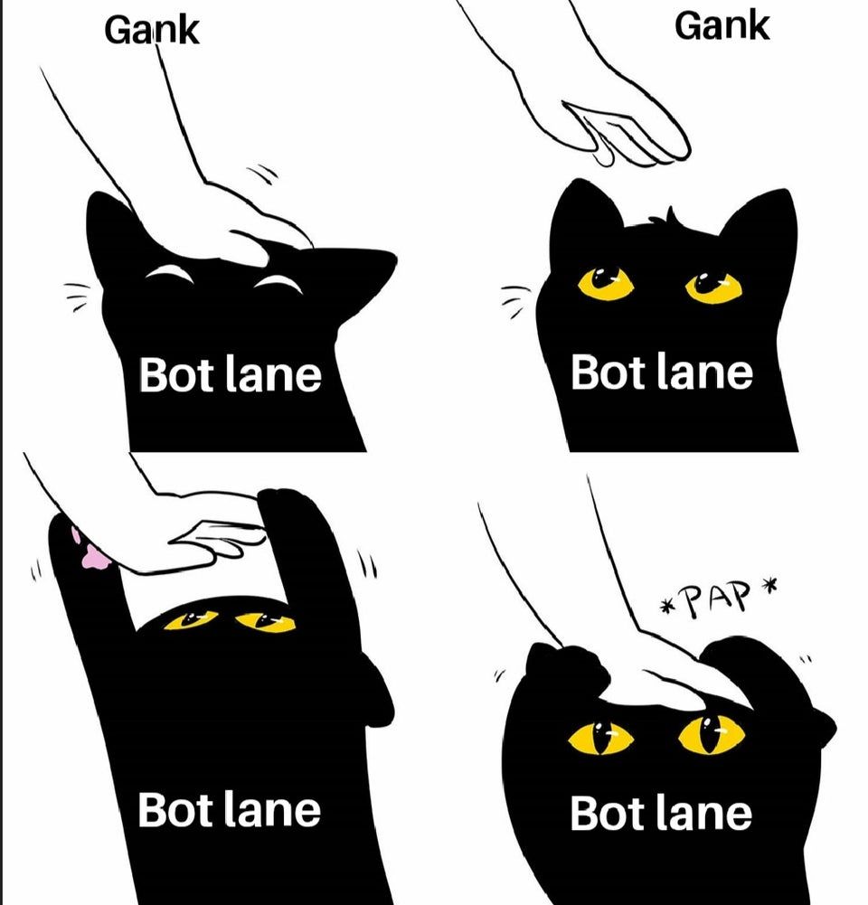 The bot lane from League of Legends visualized as a needy cat demanding attention from the jungler