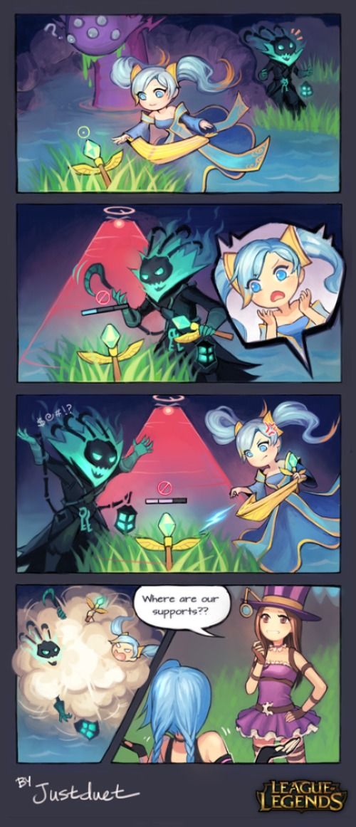 Thresh and Sona from League of Legends fight over a single ward while Jinx and Caitlyn are abandoned and confused
