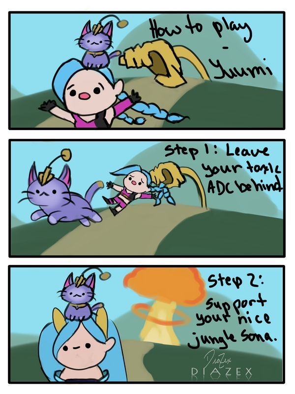 Yuumi bounces from Jinx to a Jungle Sona in League of Legends