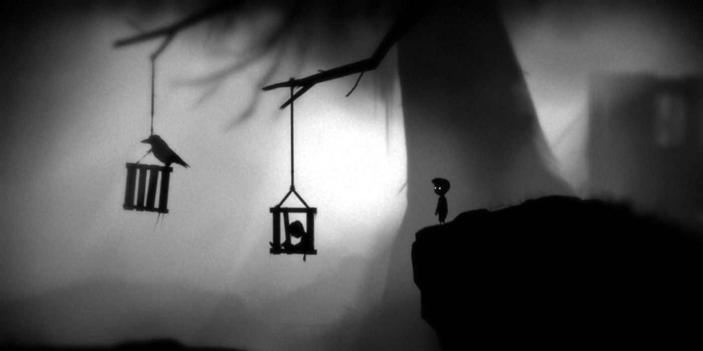 Limbo standing at cliff with boxes with birds dangling from trees