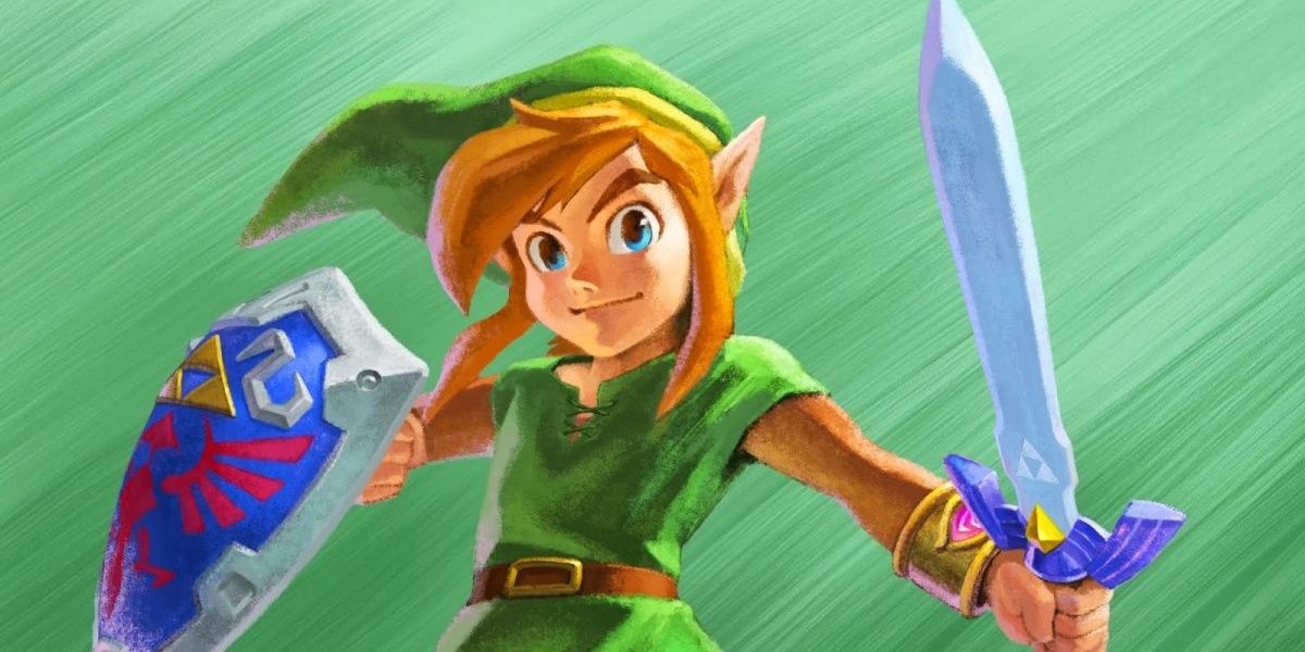Link holding the Master Sword and Hylian Shield in A Link Between Worlds