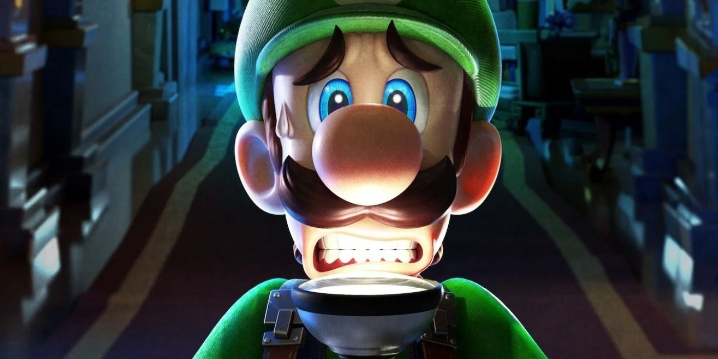 image of Luigi holding a flashlight to his face and looking scared from Luigi's Mansion 3