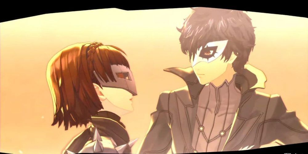 Makoto and Joker from Persona 5 look at each other after a save from Joker