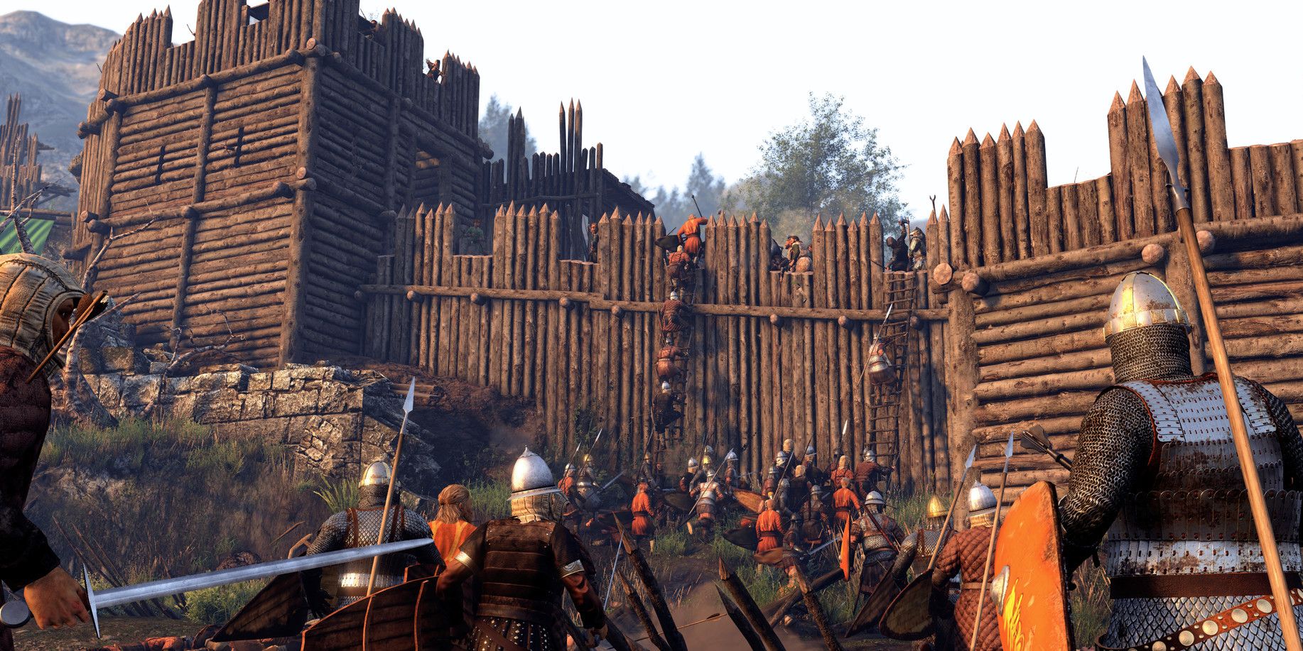 Soldiers storming a wooden fortress and climbing over the wall in Mount And Blade 2: Bannerlord