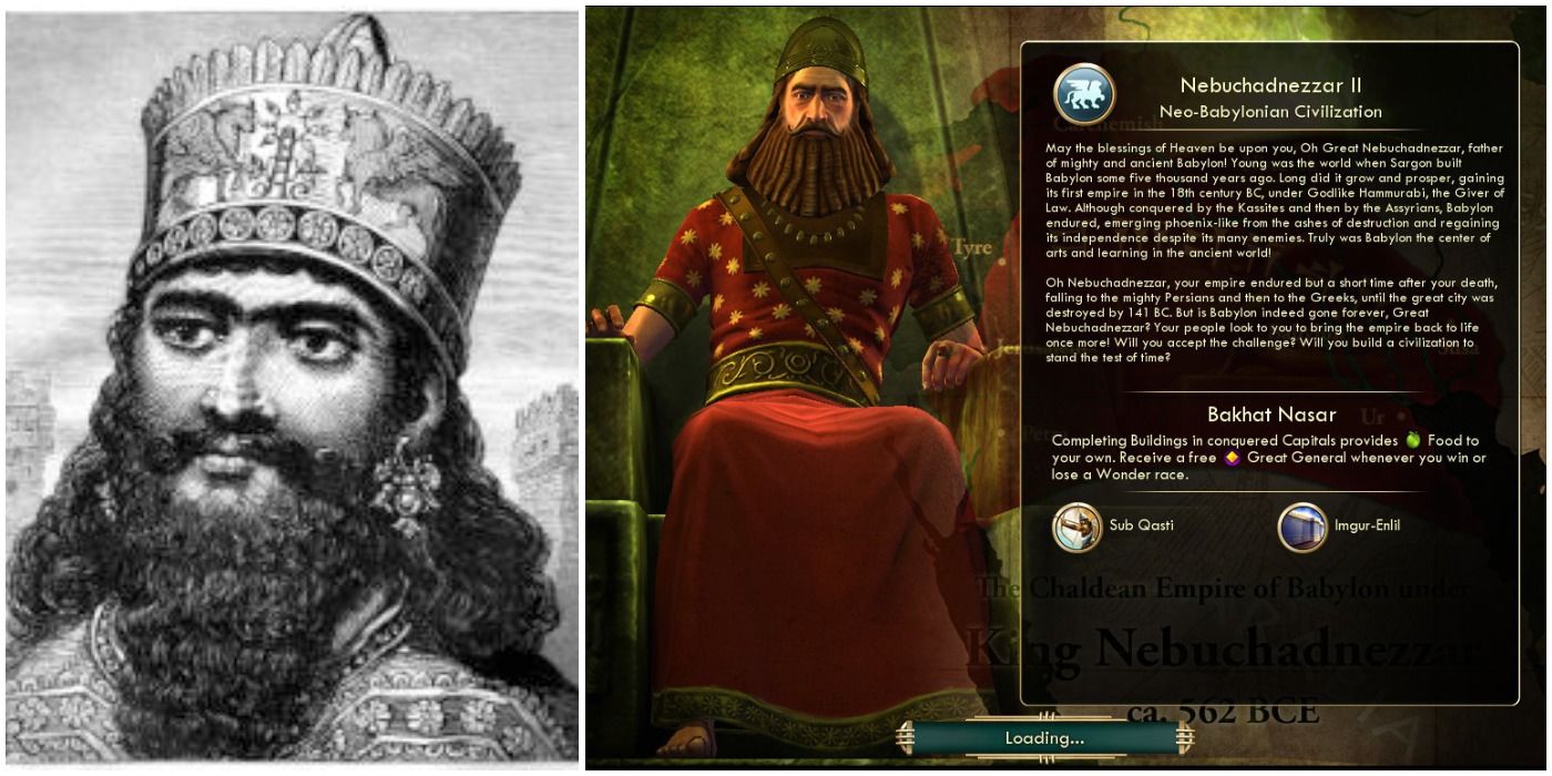 image of Nebuchadnezzar II in Civilization V next to historical drawing of Nebuchadnezzar II