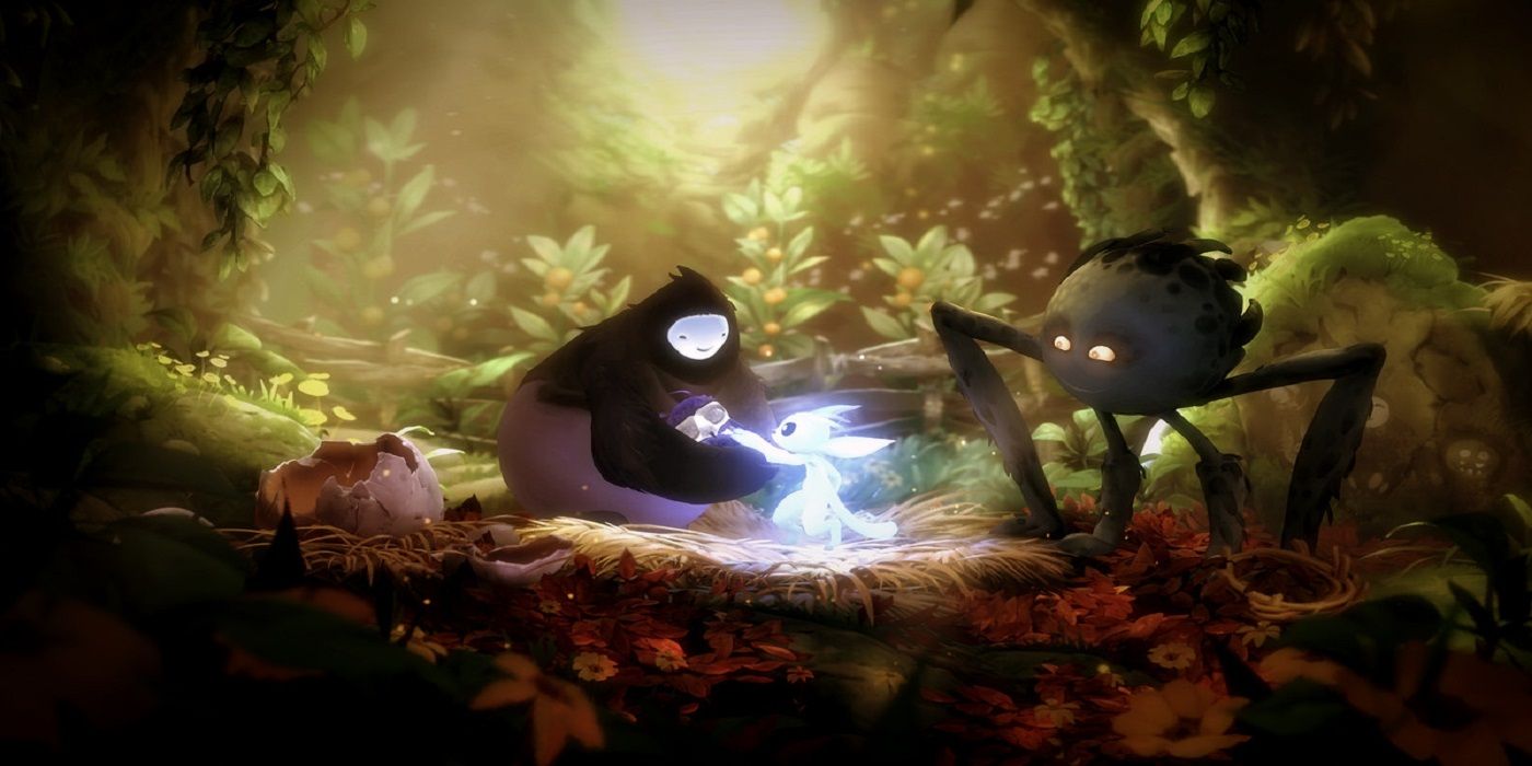 A screenshot of Ori and two other whimsical characters in Ori and the Will of the Wisps