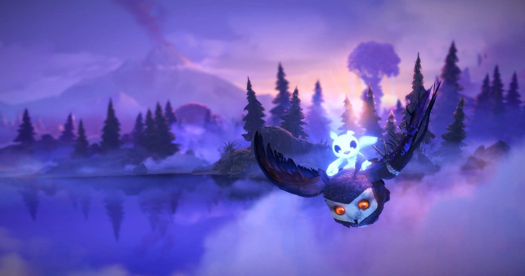 A screenshot of Ori riding on the back of a bird in Ori and the Will of the Wisps