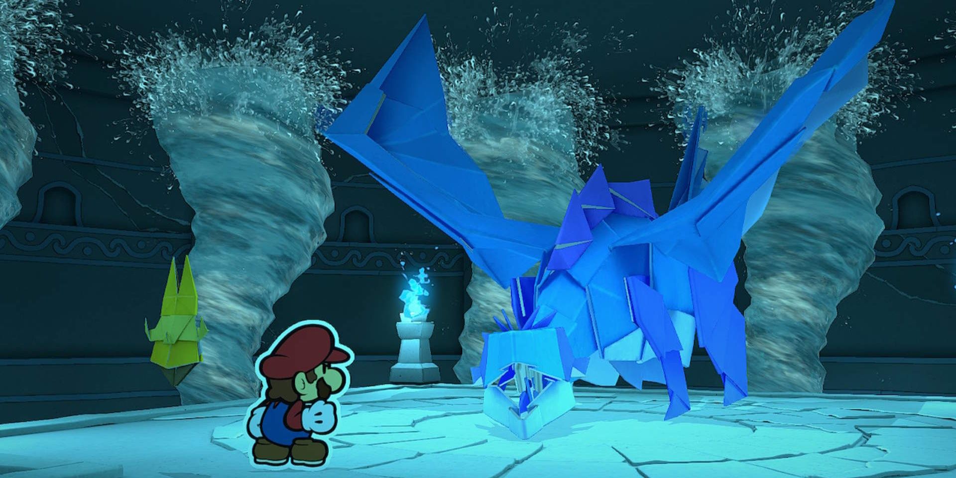 Mario stares down the Water vellumental in Paper Mario: The Origami King.
