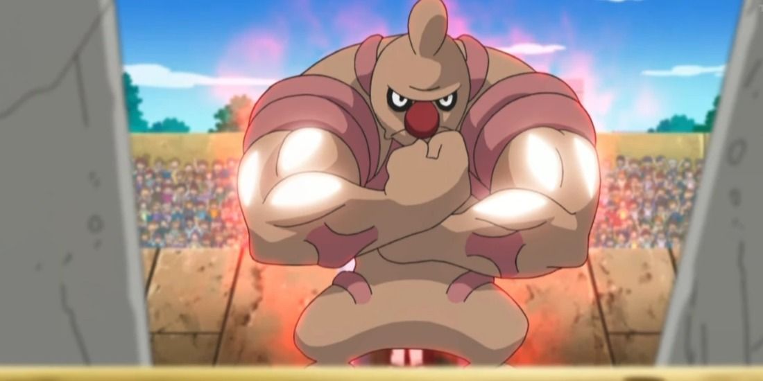 Conkeldurr using Work Up to increase its strength in the Pokémon anime