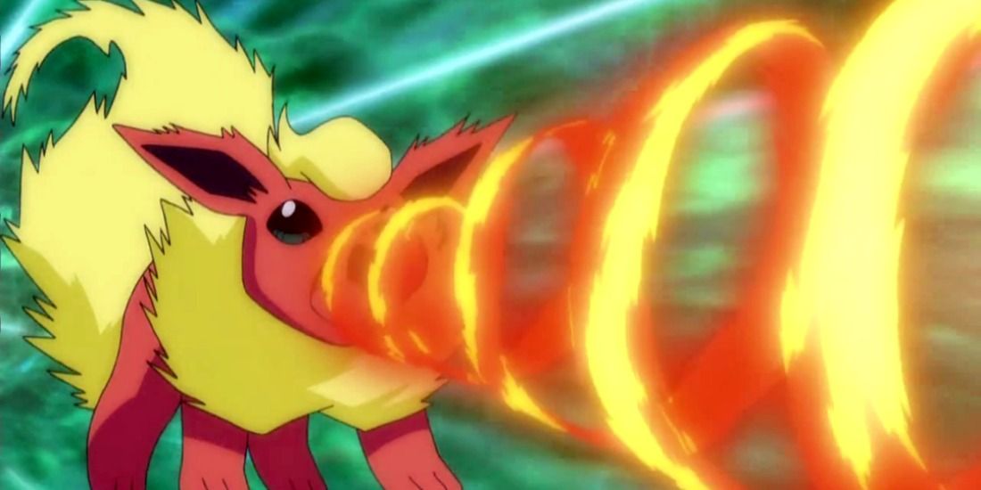 Flareon using a boosted Fire Spin the Pokémon anime
