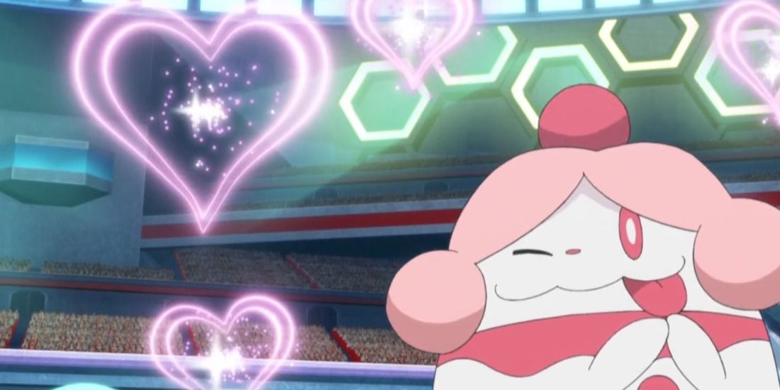 Slurpuff uses Attract in a stadium battle during the Pokémon anime