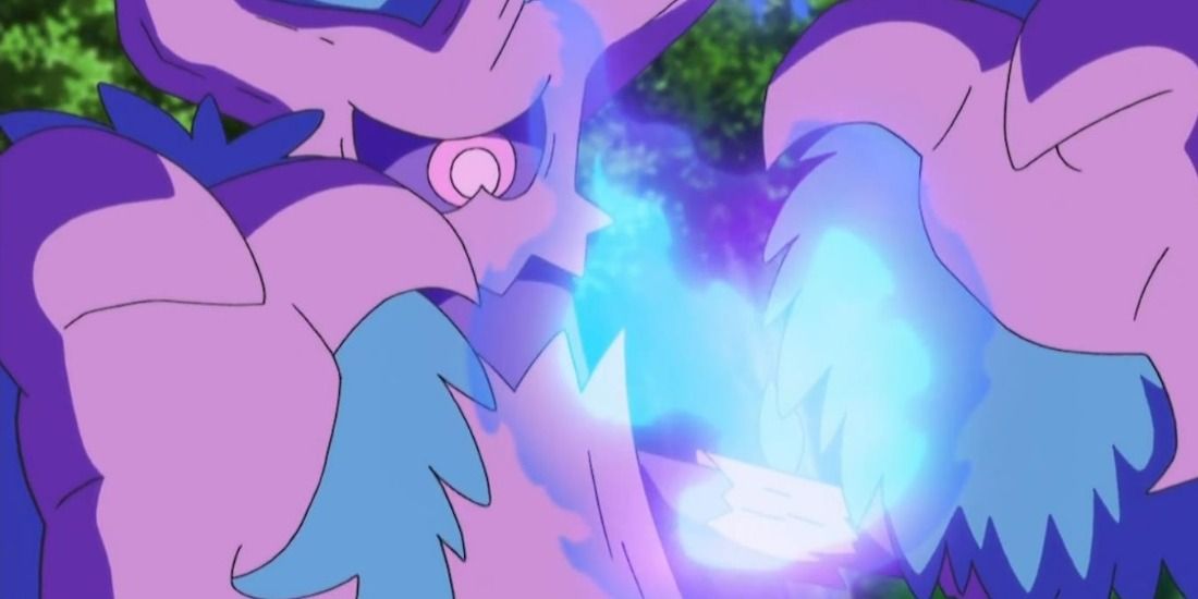Trevenant holding a Will-O-Wisp in its hands in the Pokémon anime