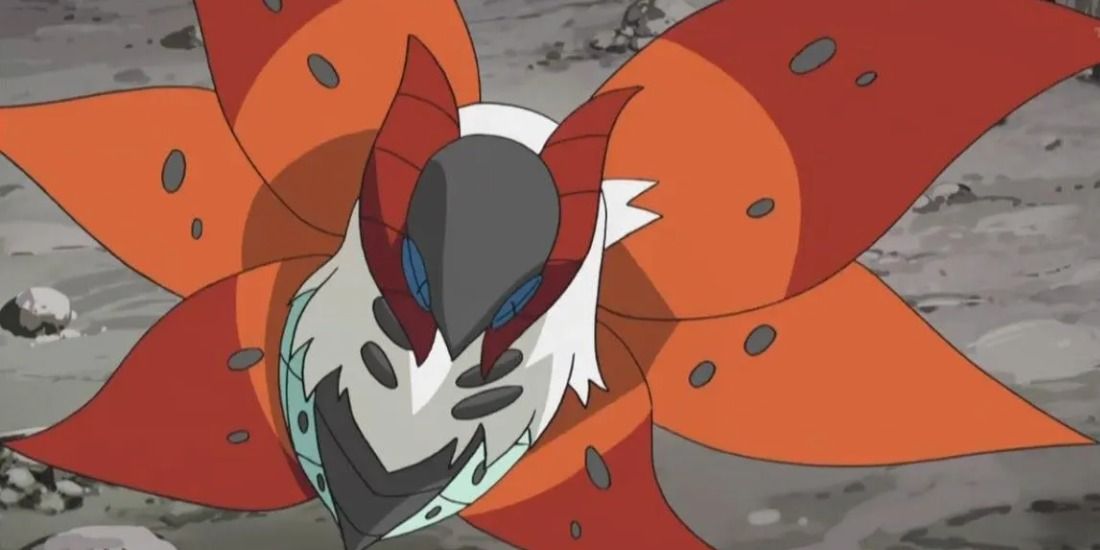 Volcarona flying beautifully through a canyon in the Pokémon anime
