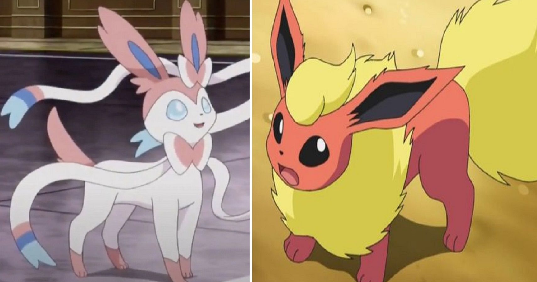 A split image of the Pokémon Sylveon and Flareon