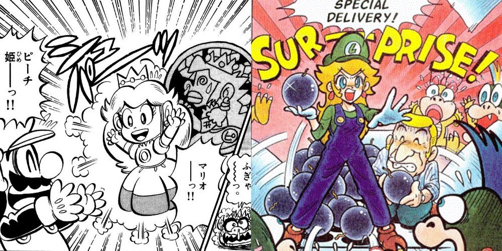 Princess Peach wearing Luigi's outfit in the Super Mario-kun manga