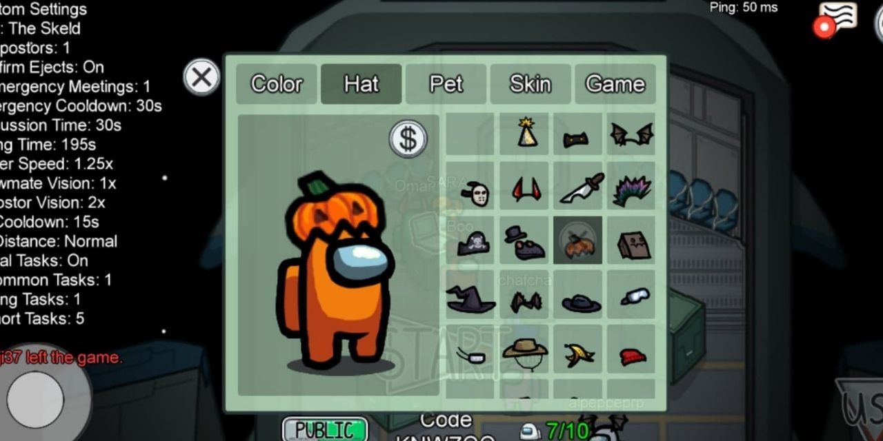 Customisation screen of Among Us character wearing orange skin and pumpkin hat