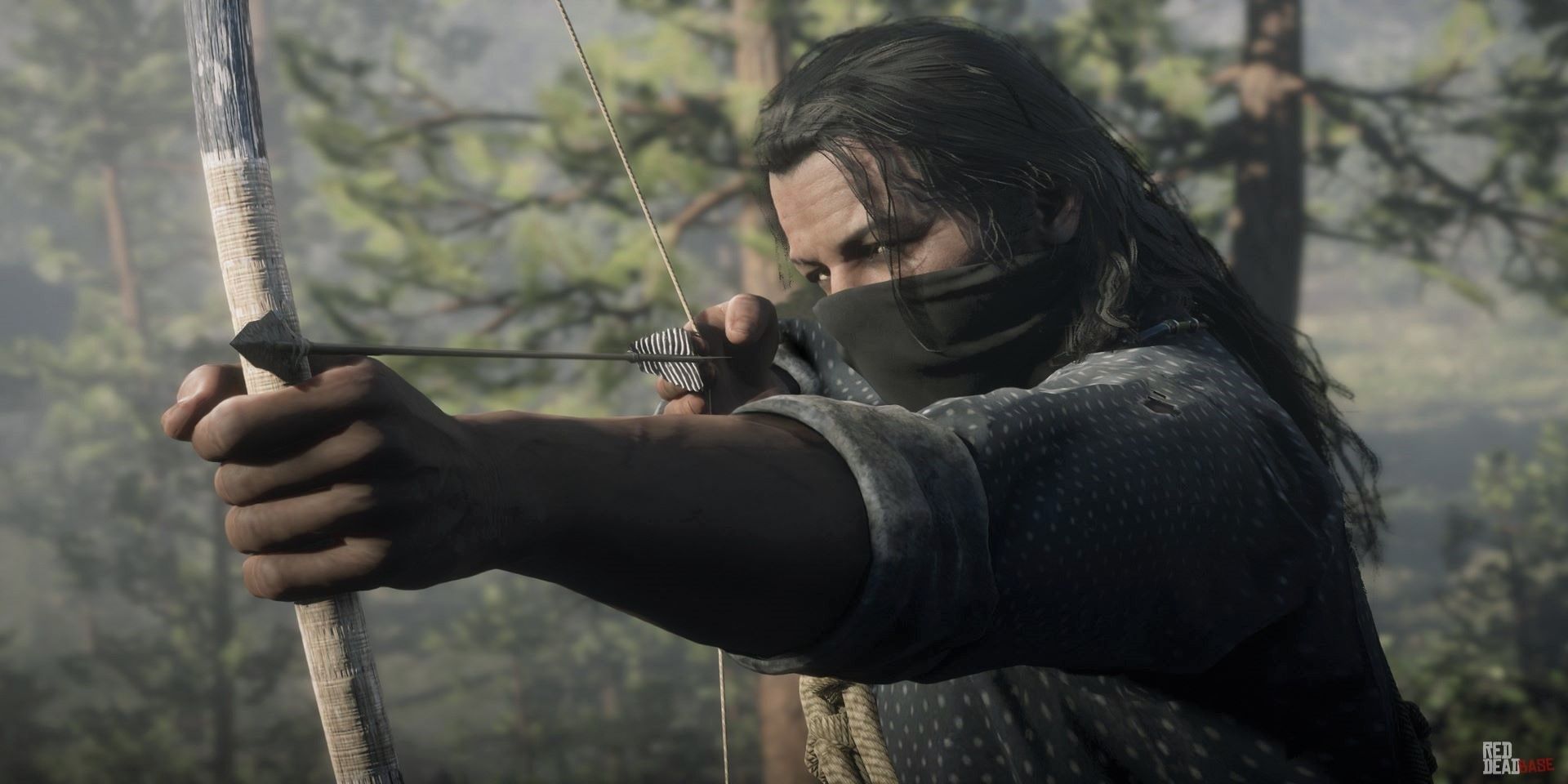 Charles with an arrow drawn in the forest in Red Dead Redemption 2.