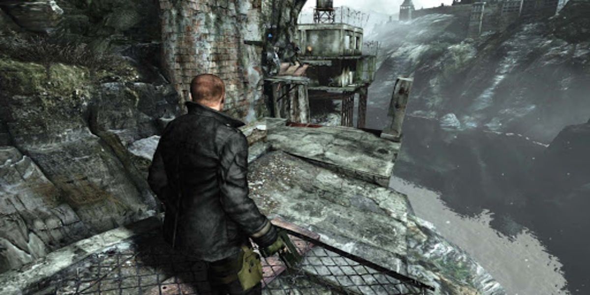 Leon from Resident Evil 6 walking along a cliff with a gun in his hand