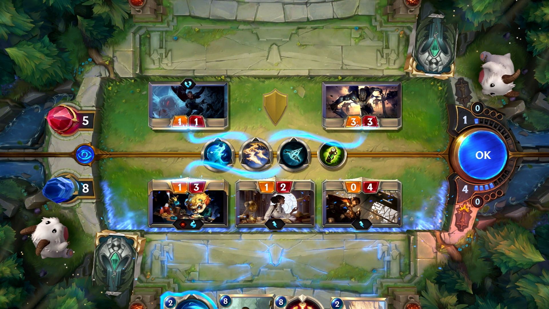 A screenshot mid-game of several cards on the field interacting with a special event.