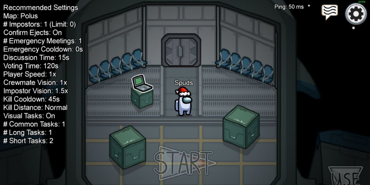 Lobby of Among Us character wearing white skin and santa hat