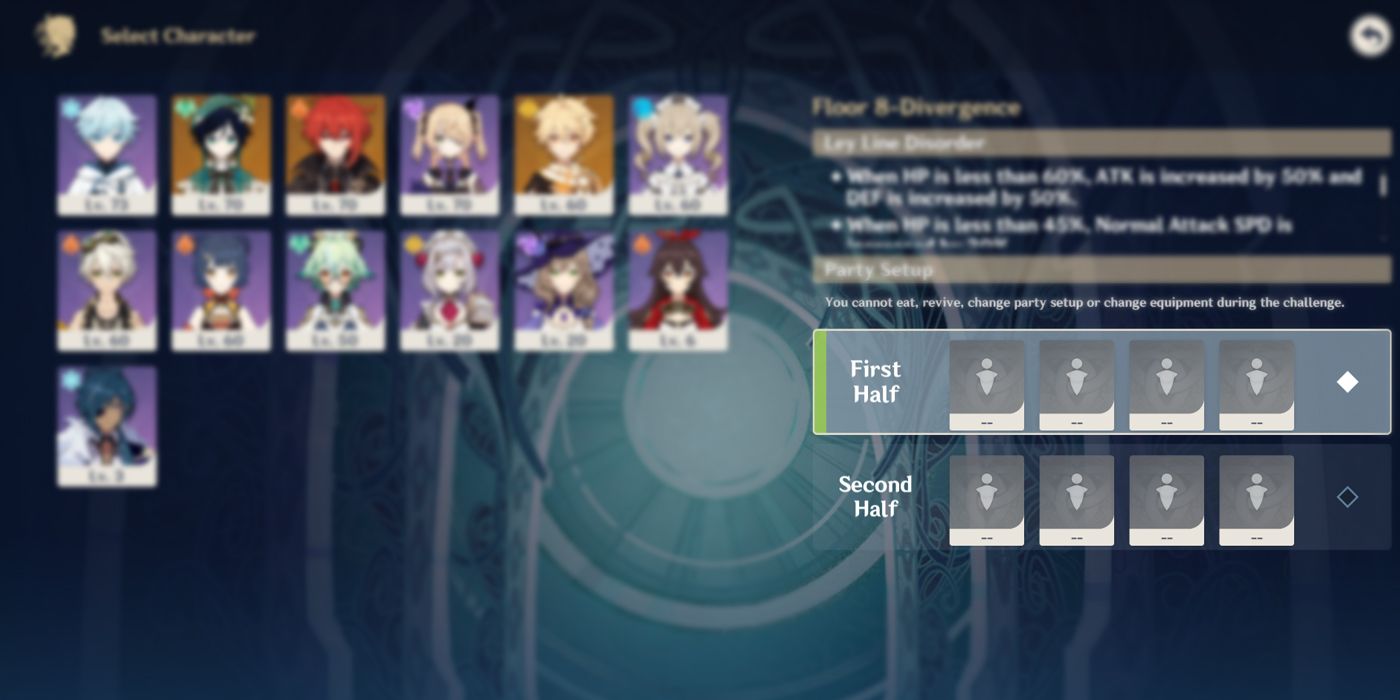 Genshin Impact: An Example Of The First And Second Half Team Selection Screen