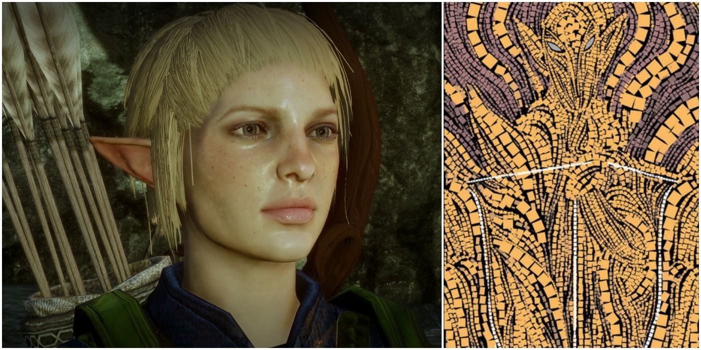 image of Sera next to an image of the Elven god Andruil from Dragon Age: Inquisition