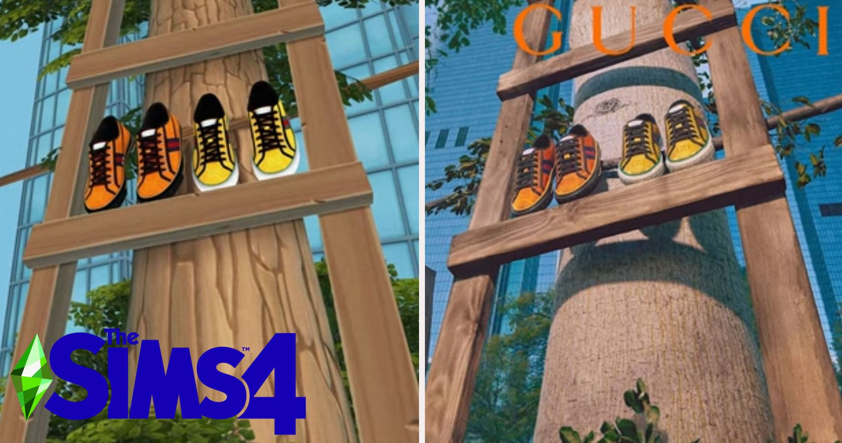 split image of gucci shoes on a tree image next to sims 4 recreation