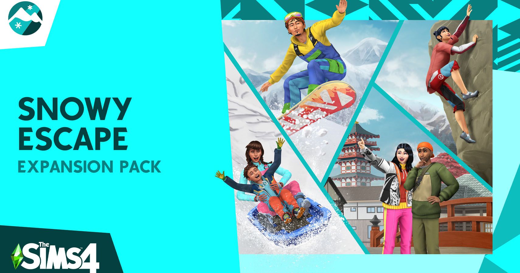 snow escape pack art with snowboarder, sledding, climbing and a pagoda.