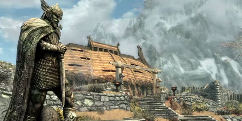 Skyrim statue house and mountains