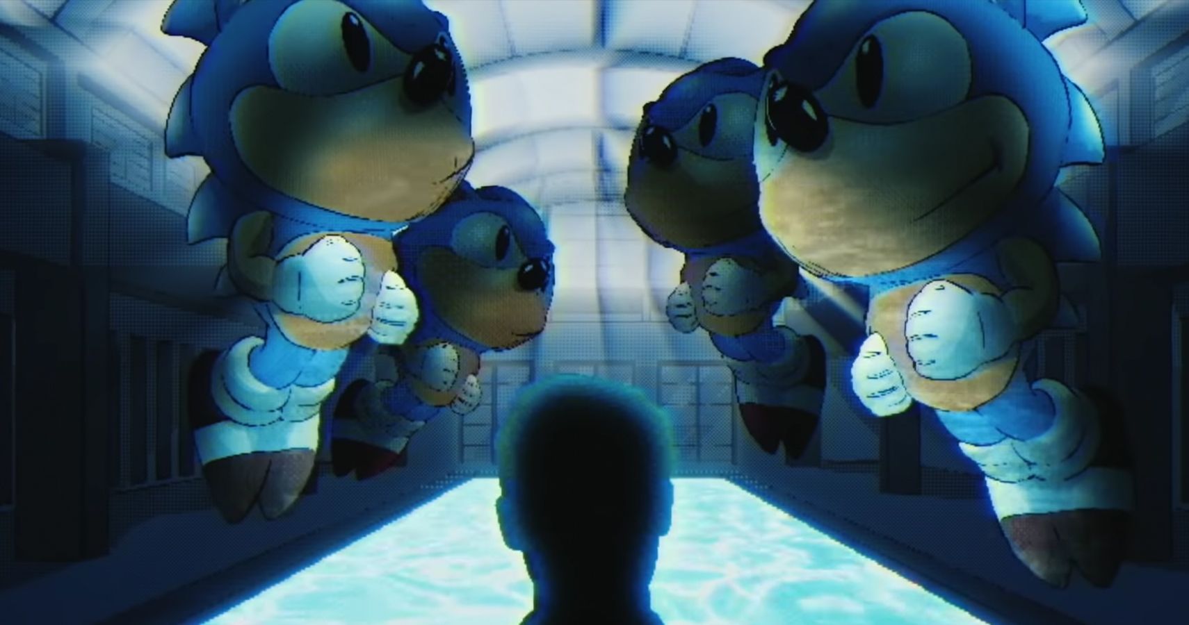 Sonic the Hedgehog balloons float over a pool as a shadowy figure looks on.
