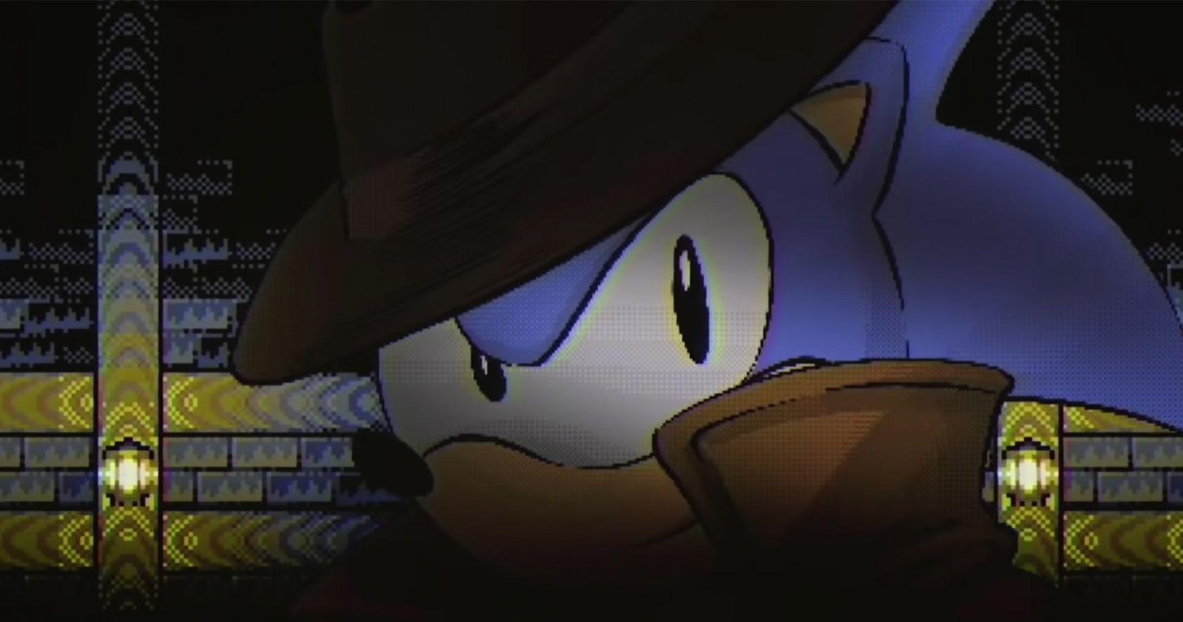 A shadowy Sonic the Hedgehog looks mysterious in a trenchcoat.
