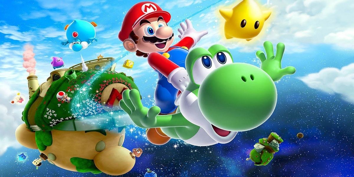 Mario and Yoshi flying through the sky, with a Mario-shaped house in the background