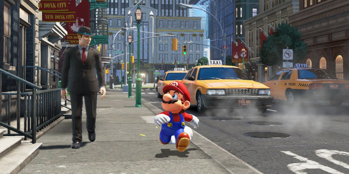 Mario running next to a regular human in Super Mario Odyssey