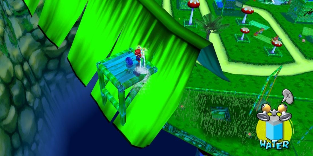 Mario grabs a Blue Coin atop a tree in Pianta Village from Super Mario Sunshine