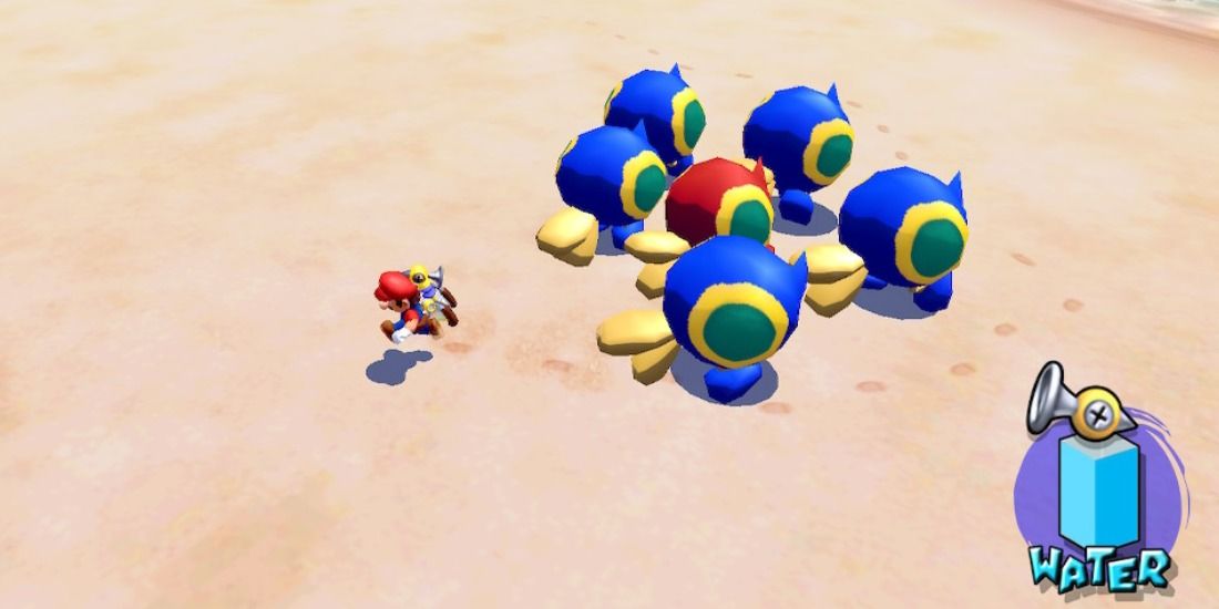 Mario being chased by a swarm of multicolored Cataquacks in Super Mario Sunshine