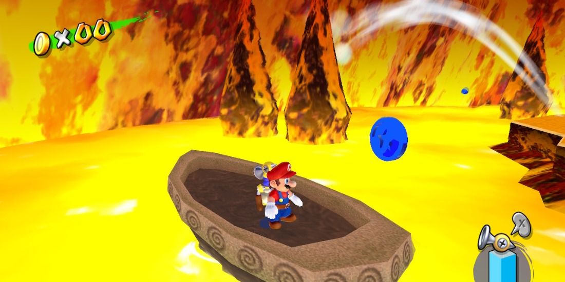 Mario riding a terrible wooden boat in lava near a Blue Coin in Super Mario Sunshine