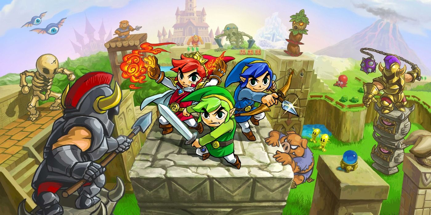 Tri-Force Heroes key art, showing three different-coloured Links.