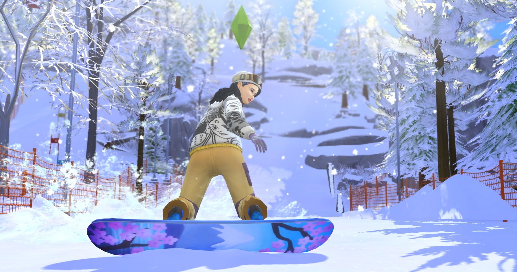 A female Sim snowing the bottom of her snowboard as she comes down a hill.