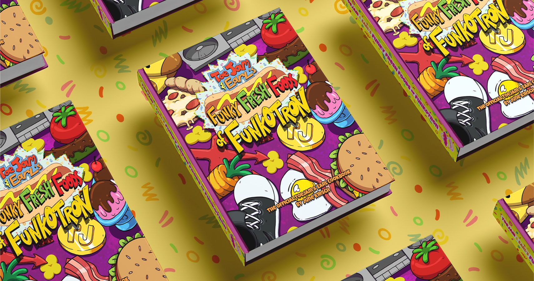 A mockup of the ToeJam & Earl book cover in a repeating pattern.