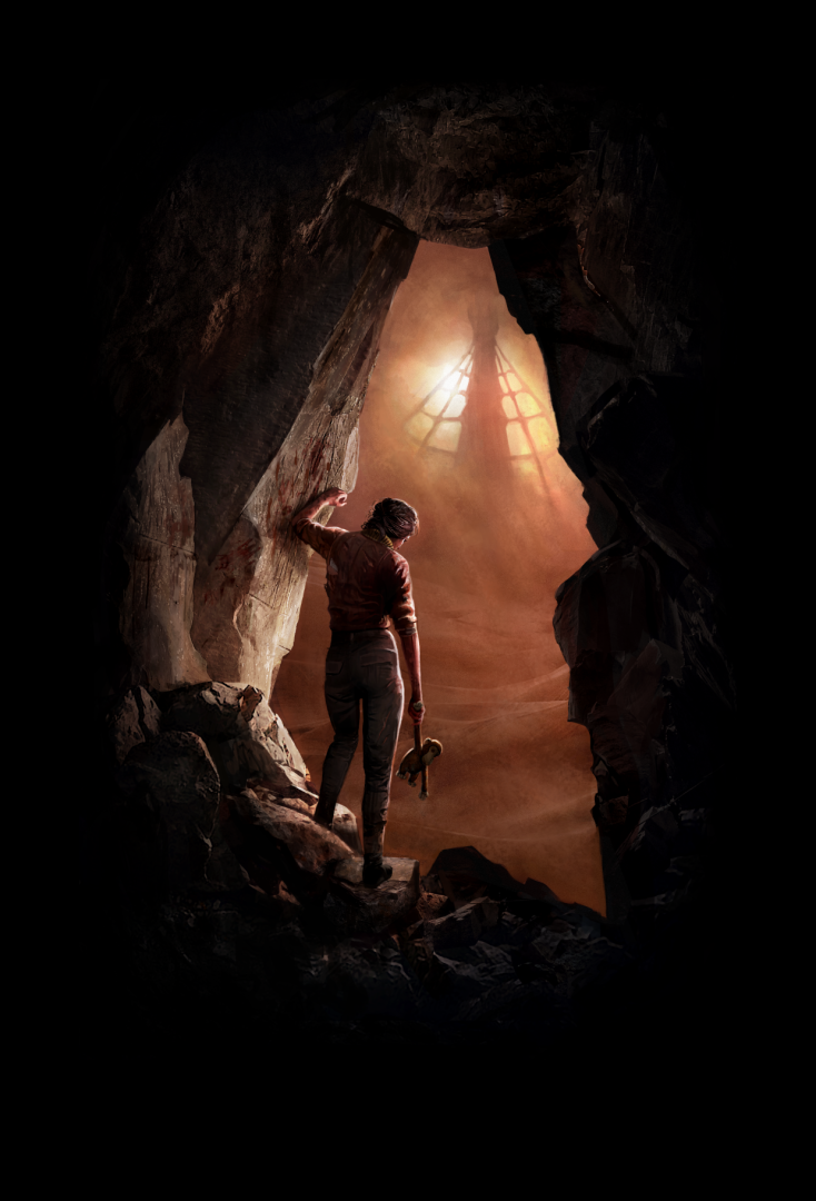 In a vignette, a woman stands in a cave entrance, leaning against one wall.