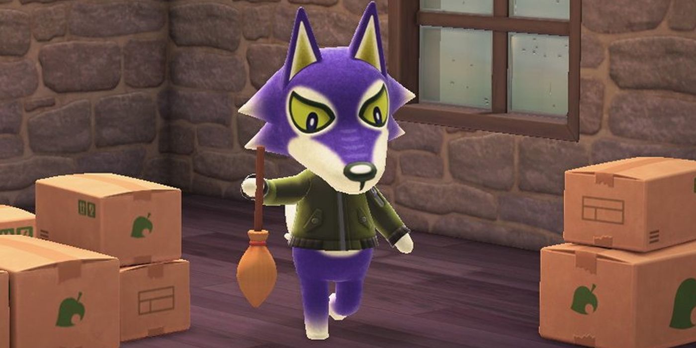 A screenshot of Lobo moving in and holding a broom in Animal Crossing New Horizons.