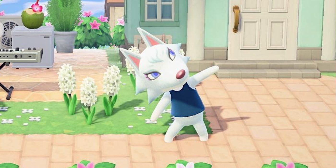 Whitney, a wolf villager, stretching in front of her home in Animal Crossing: New Horizons.