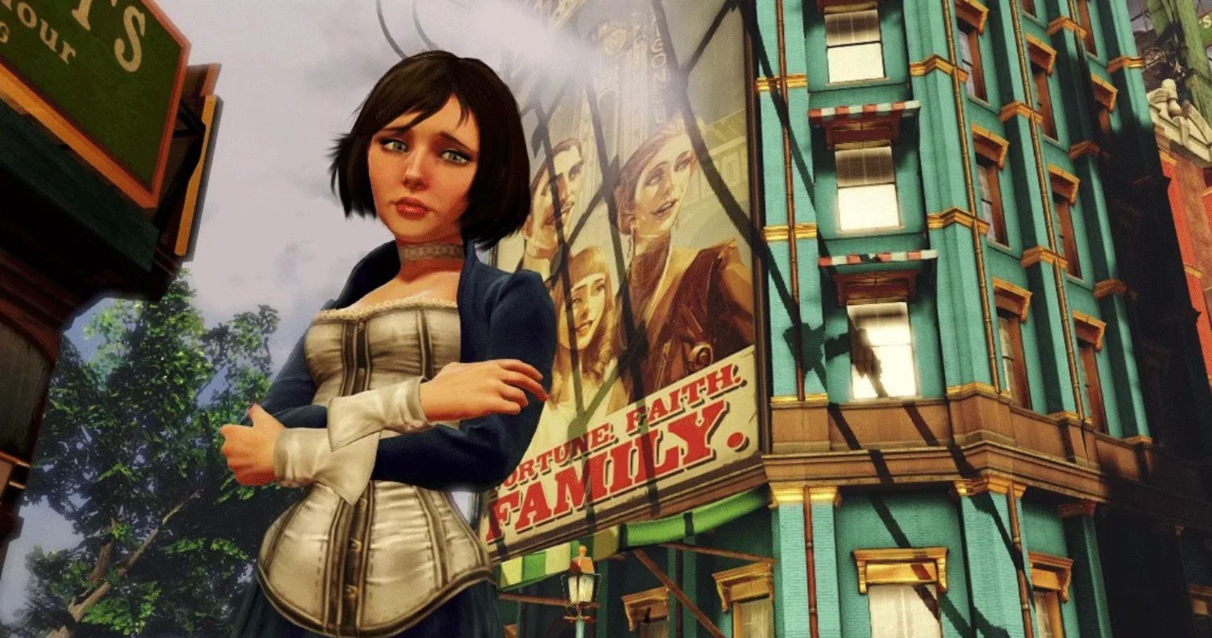 Elizabeth Standing Near A Tall Building, Arms Crossed, In Bioshock Infinite