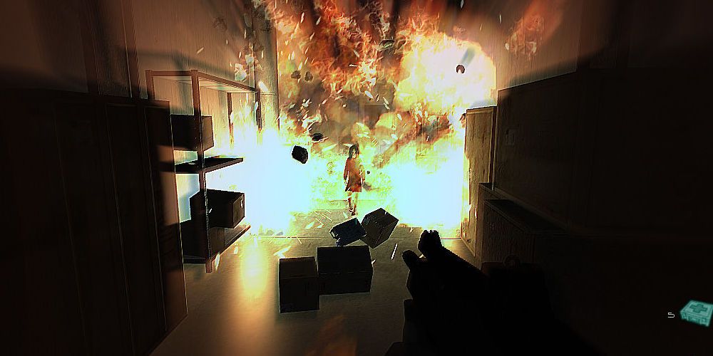 Alma walking away from explosion in F.E.A.R.