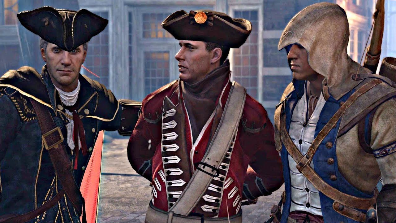 Connor and Haytham standing beside a soldier