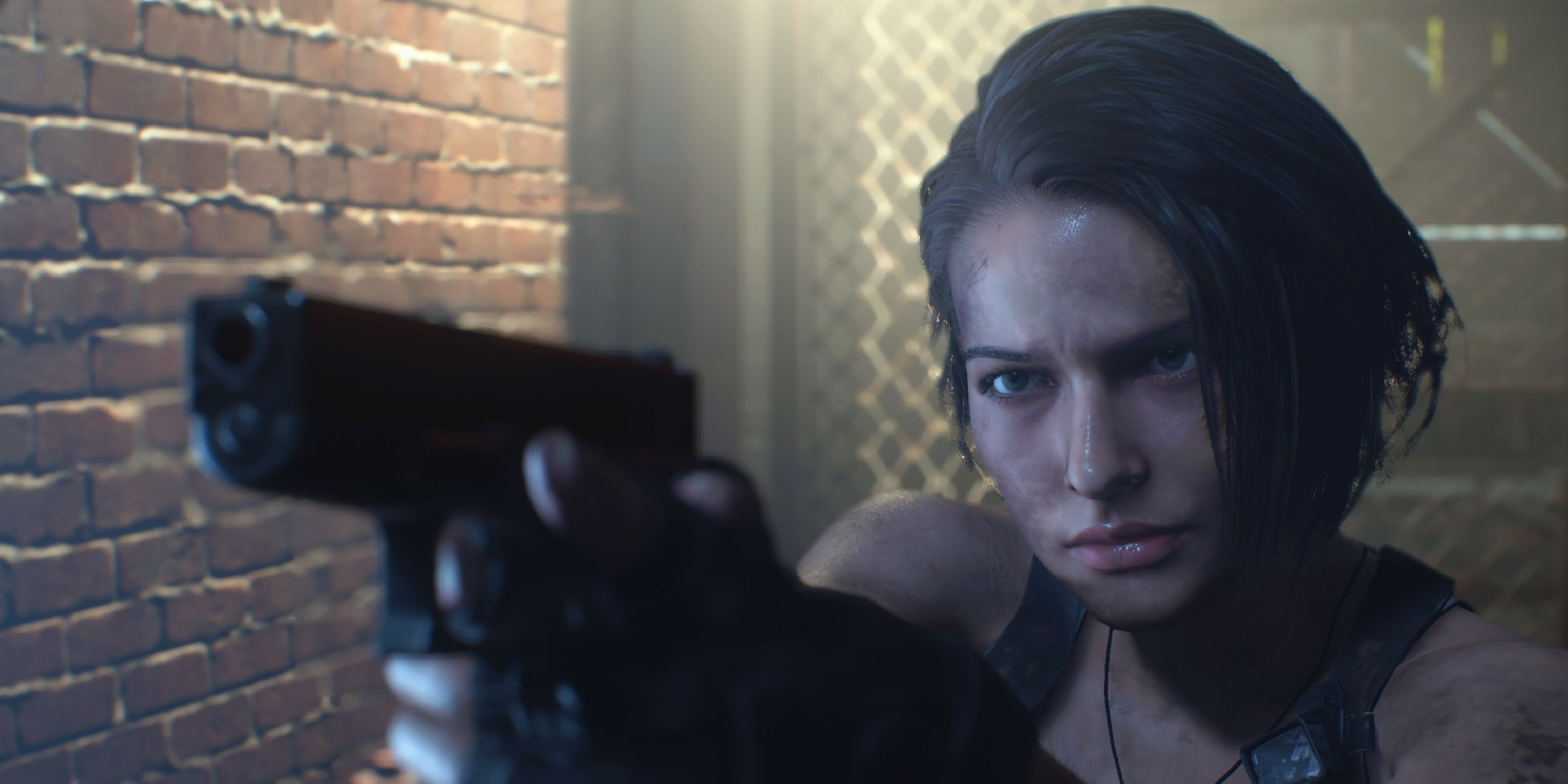 Jill aiming a gun