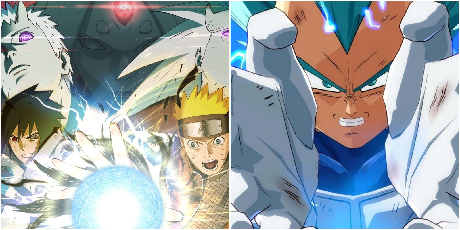 Closeup splitscreen of vegeta, naruto and sasuke